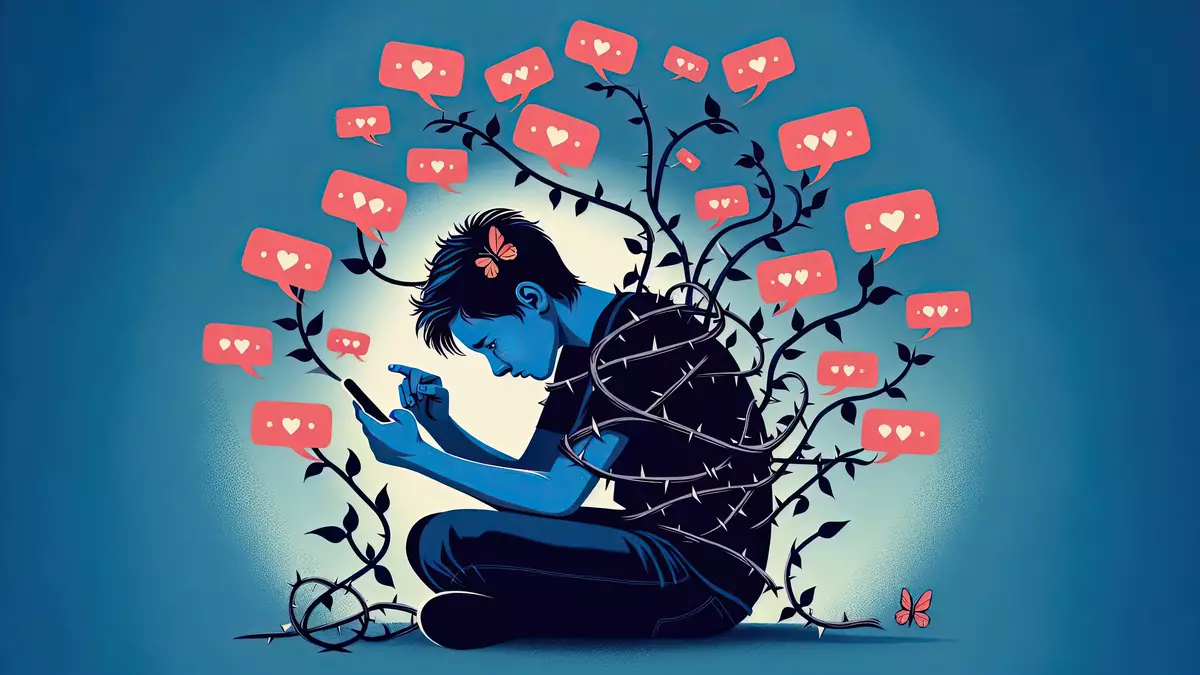 Un ado sur son smartphone dont émane des messages avec des "likes" et qui est à moitié recouvert de racines