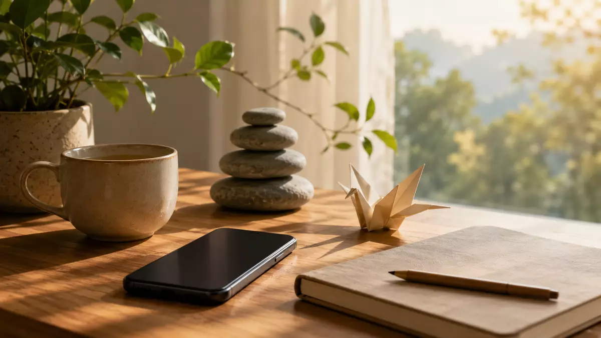 Smartphone éteint sur un bureau dans une ambiance zen