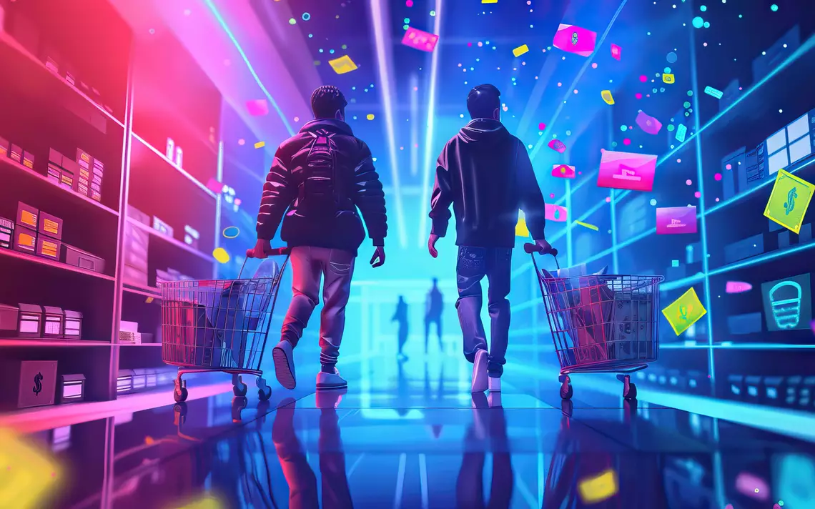 Deux jeunes avec des caddies faisant leur course dans un univers virtuel