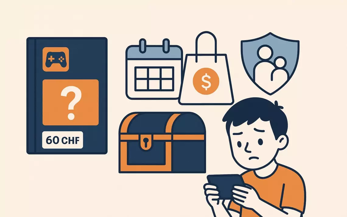 Différents symboles liés aux microtransactions dans les jeux vidéos et un enfant qui scrute son smartphone