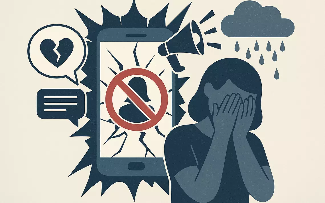 Une jeune qui pleure avec derrière un smartphone et divers éléments symboliques suggérant des conséquences négatives