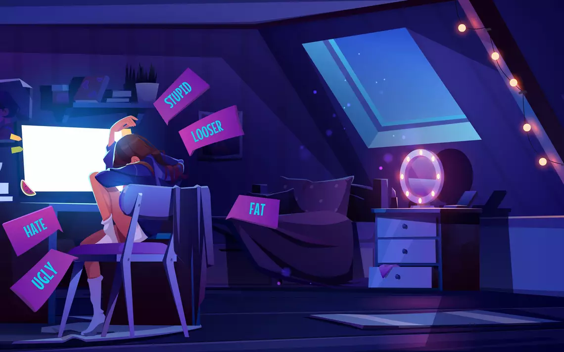 Une ado seule et prostrée dans sa chambre devant un ordinateur d'où sort des commentaires haineux