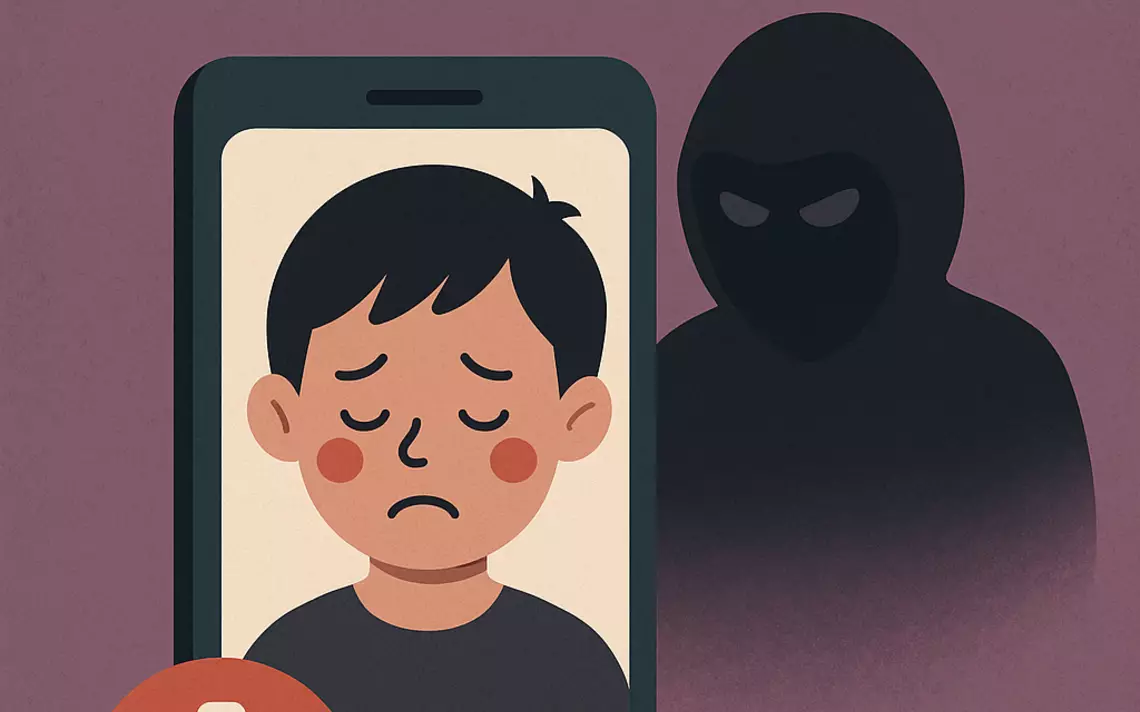 Un enfant malheureux sur un écrans de smartphone et un individu inquiétant en arrière-fond