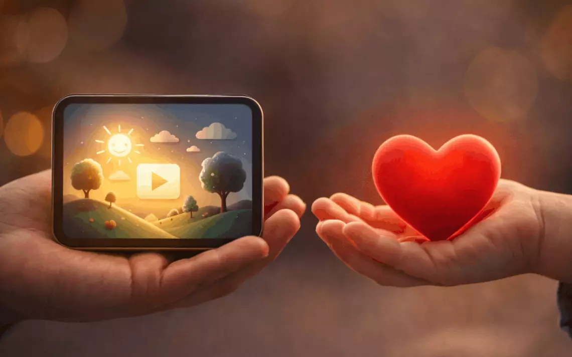 Une main avec un écrans sur lequel on voit un soleil et ceci face à une autre main sur laquelle il y a un coeur