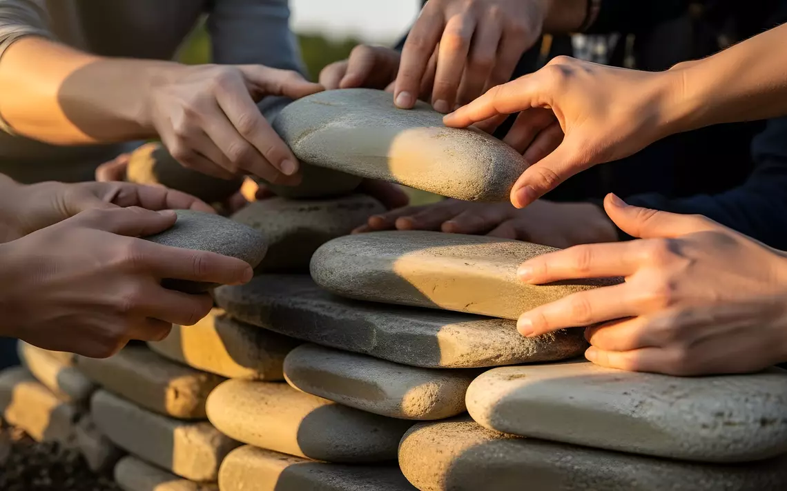 Plusieurs mains construisant un petit mur de pierre symbolisant l'effort de groupe