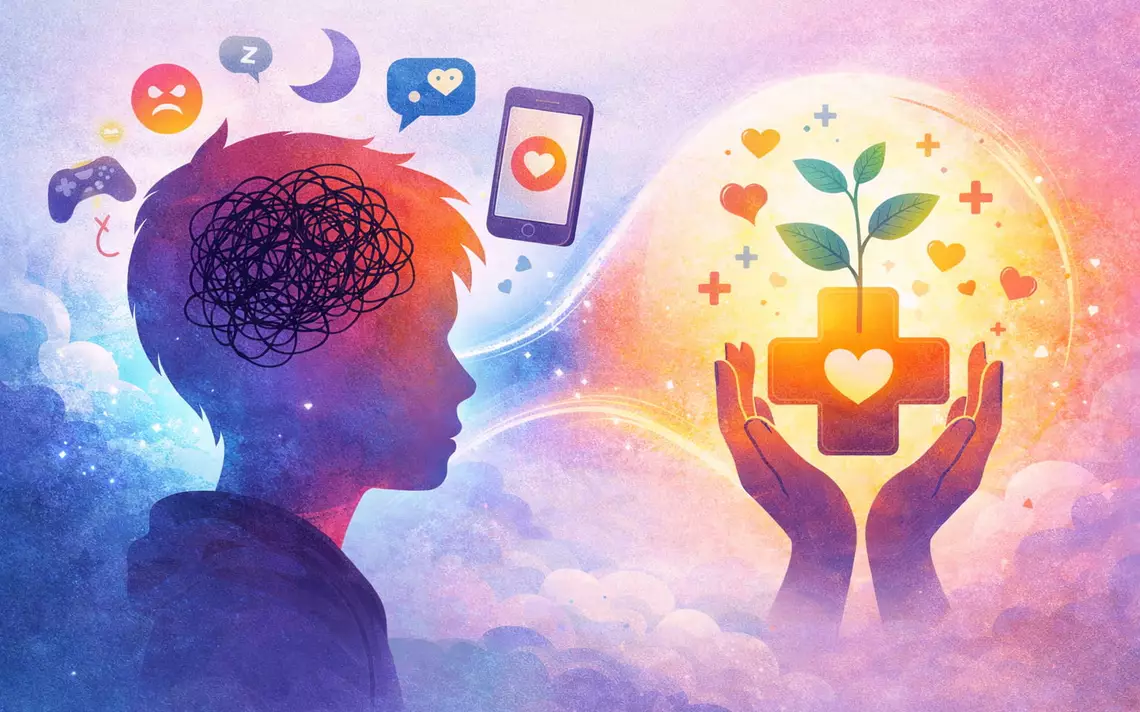 Un ado avec différents éléments liés aux écrans au-dessus de sa tête et à côté des mains portant des symboles en lien avec la santé