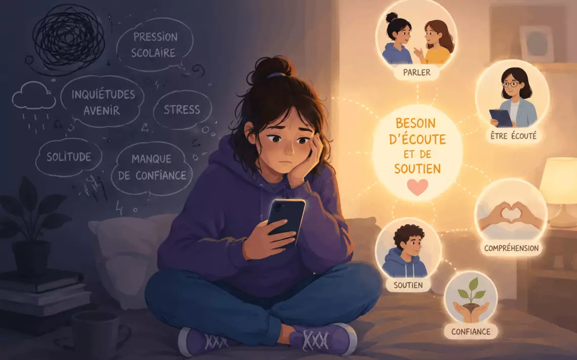 Une ado sur son téléphone avec des bulles illustrant le besoin de soutien et se sentir écouté
