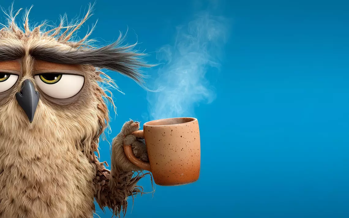 Un hibou à la mine fatiguée tenant une tasse de café