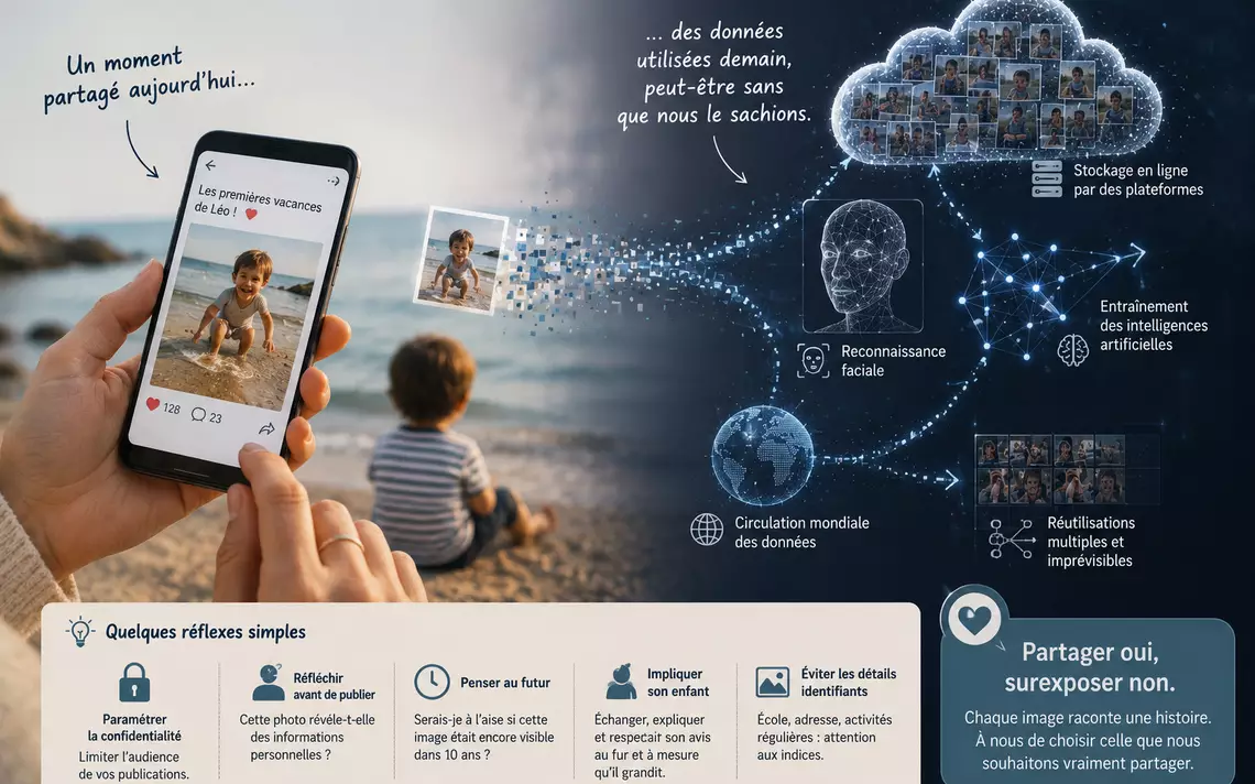Un enfant pris en photo avec des recommandations de bonnes pratiques concernant le sharenting