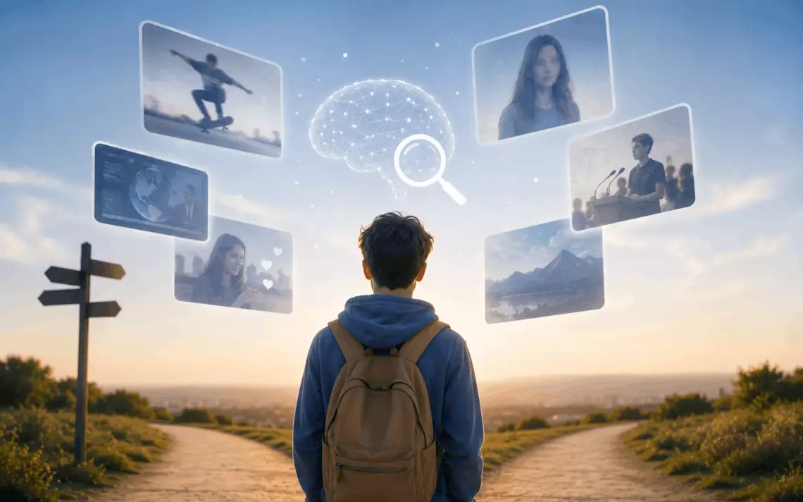 Un jeune devant deux chemins et des deepfakes en arrière-fond dans le ciel