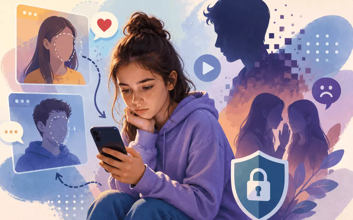 Une jeune devant son smartphone avec derrière des manipulations deepfakes