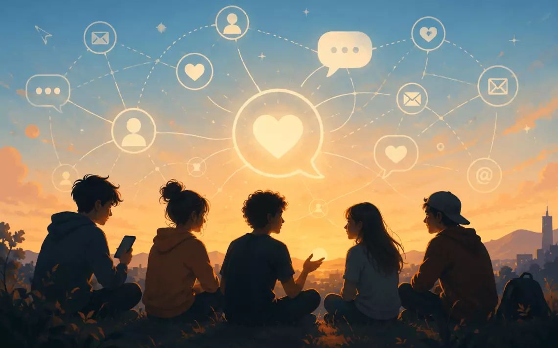 5 jeunes ensemble qui discutent et en arrière-fond dans le ciel, une constellation d'icônes symbolisant la communication numérique