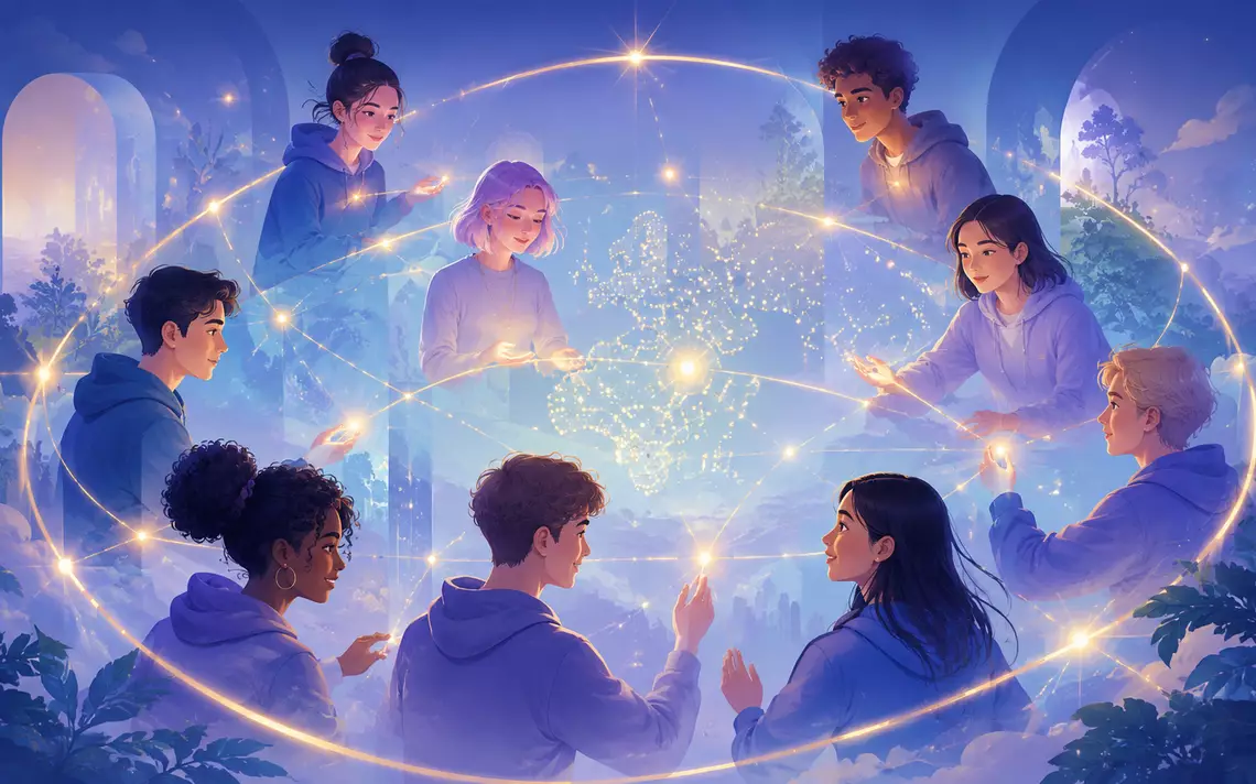 Des ados réunis en cercle par des lumière numérique. Symbole de la construction ensemble des réseau sociaux