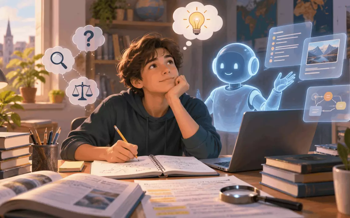 Élève utilisant une intelligence artificielle comme aide à l’apprentissage tout en développant son esprit critique.
