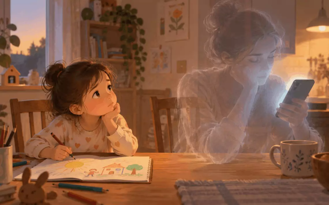 Une petite fille qui dessine à côté de sa maman qui est sur son smartphone et qui est transparente, illustrant ainsi le phubbing