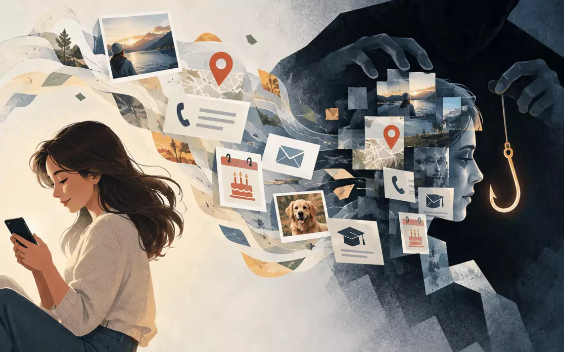 Illustration symbolique montrant une jeune personne partageant des informations en ligne qui sont ensuite récupérées et exploitées dans un univers numérique menaçant.