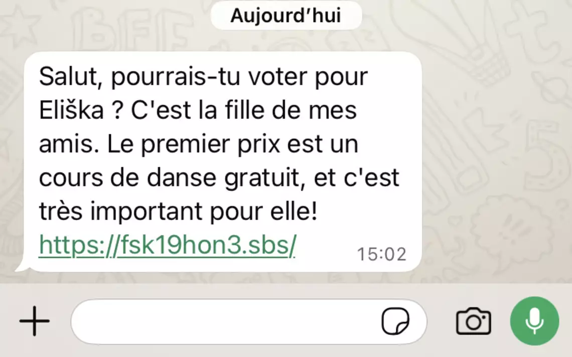 Capture d’écran d’un message WhatsApp frauduleux demandant de voter pour une jeune fille dans un faux concours de danse.