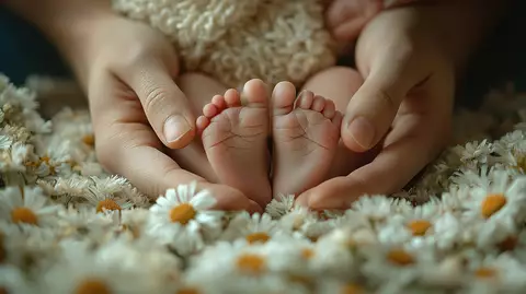 Petits pieds de bébé sur un tapis de fleurs