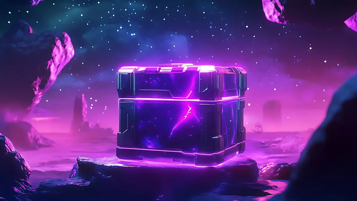 Lootbox de jeux vidéo dans un décor lunaire