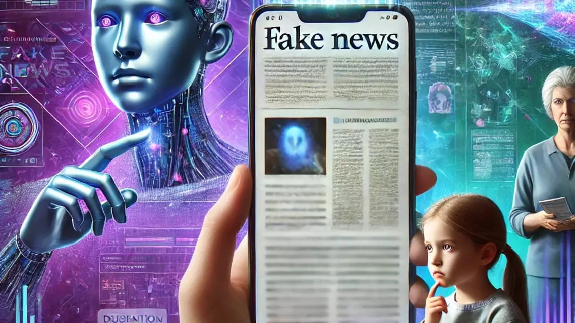 Une main avec un smartphone sur lequel il est écrit fake news. Au second plan, une enfant, une grand-mère et un robot en train de réfléchir