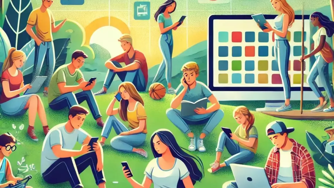 des jeunes utilisant divers types d'écrans dans un paysage de nature