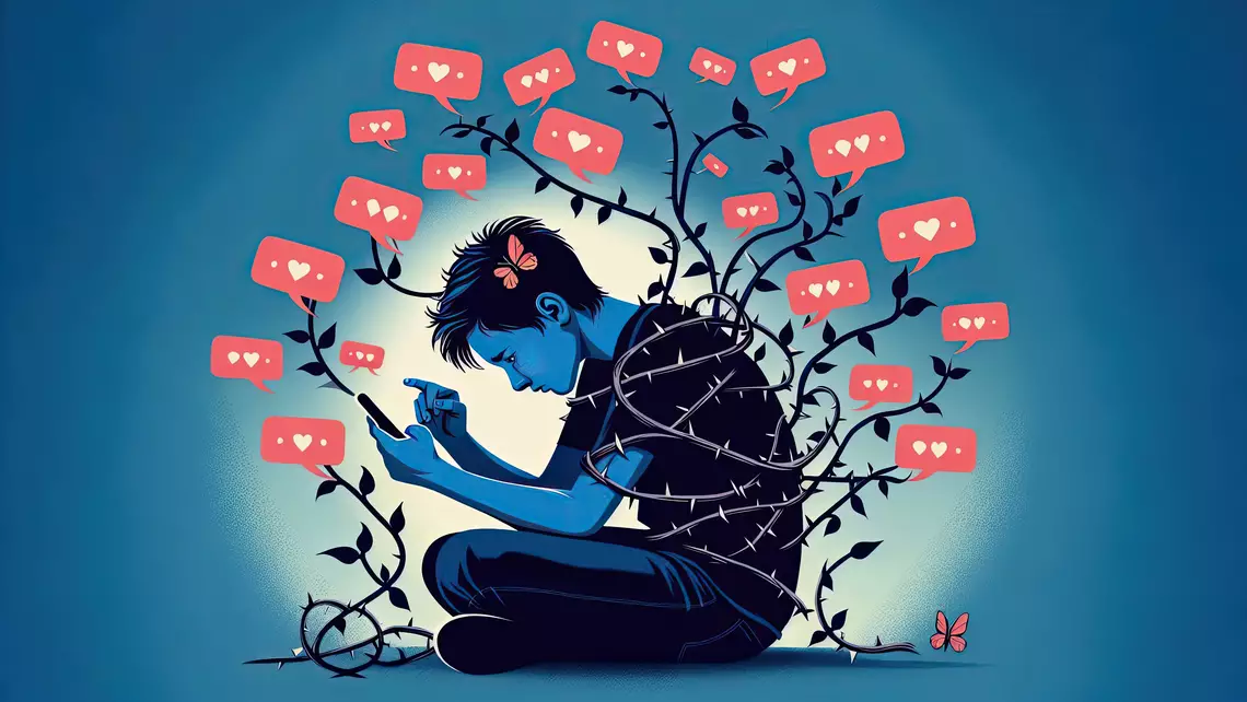 Un ado sur son smartphone dont émane des messages avec des "likes" et qui est à moitié recouvert de racines