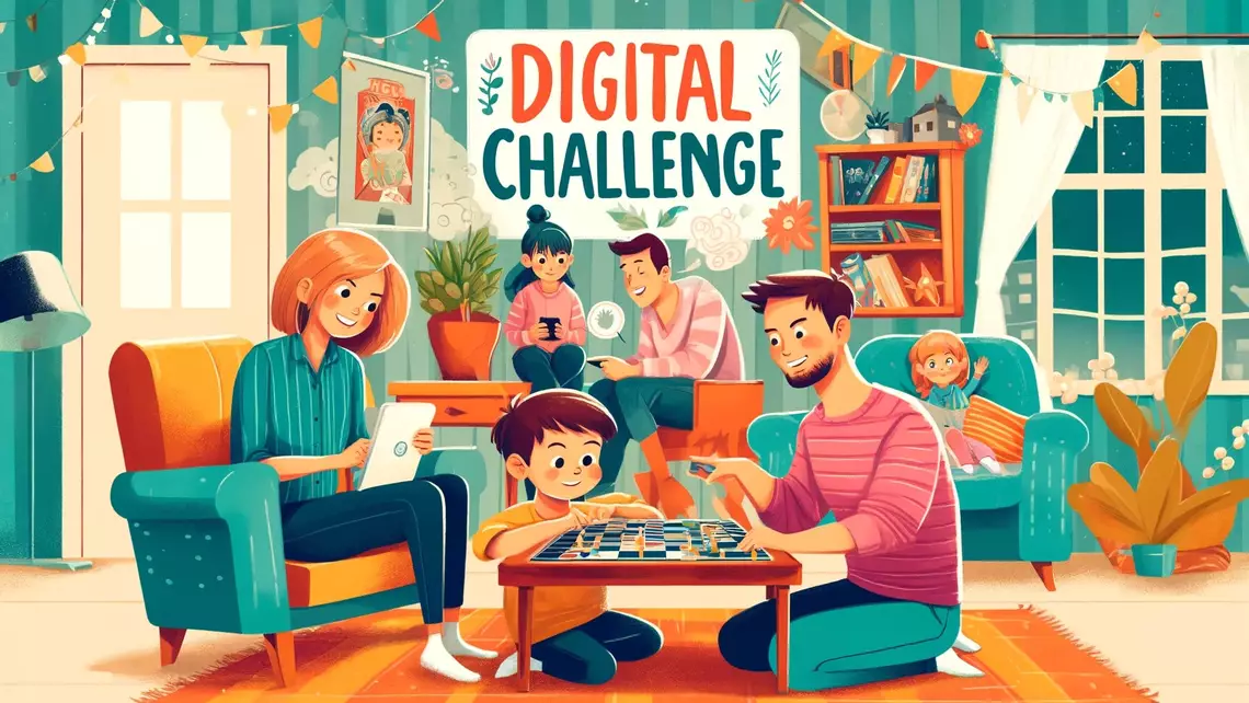 Une famille dans un salon qui fait différente activités (sur les écrans ou non)