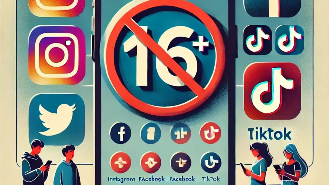 Un smartphone avec les logos des principaux réseaux sociaux sur l'écrans ainsi qu'un 16+ avec le panneau interdiction dessus