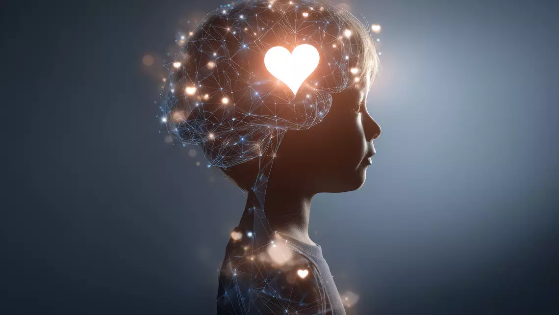 Une silhouette d'enfant montrant un coeur lumineux dans son cerveau et son système nerveux comme étant un réseau de connexion numérique