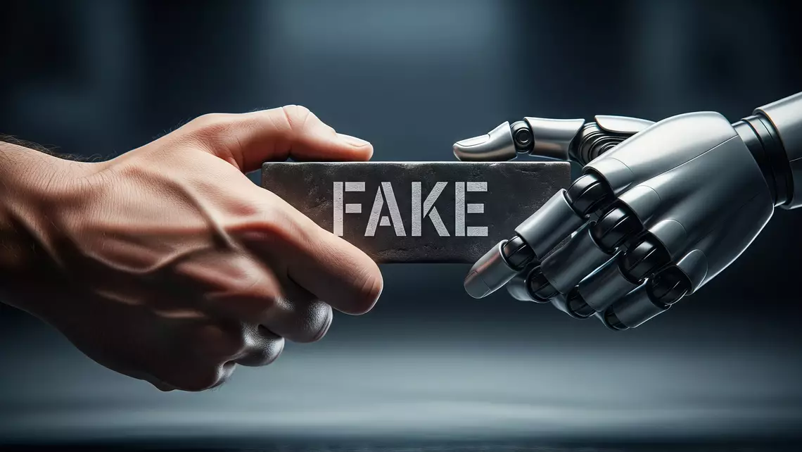 Une main humaine et une main de robot tenant un plot en bois avec marqué "fake" dessus