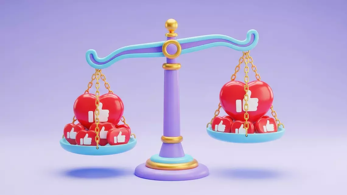 Balance symbolisant la justice avec des Likes symbolisant les réseaux sociaux dans chaque plateau