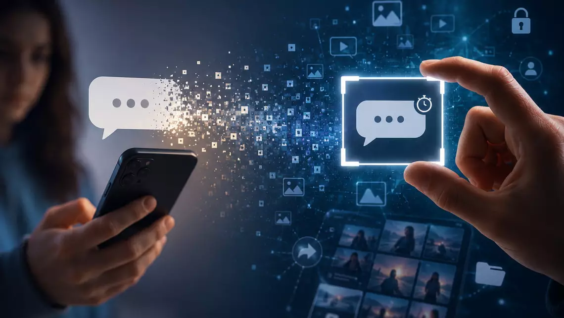Une jeune tenant son smartphone avec une icône de message qui sort du téléphone et est attrapé par deux doigts à côté