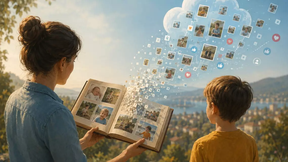 Une maman à côté de son enfant regardant un livre de photo dont une partie s'envole dans une sorte de nuage numérique