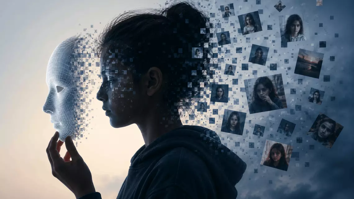 Une jeune qui met un masque devant elle dans une ambiance sombre