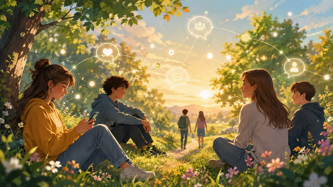 Des jeunes dans une belle nature avec des références aux réseaux sociaux dans le décor. Symbole d'un environnement sain