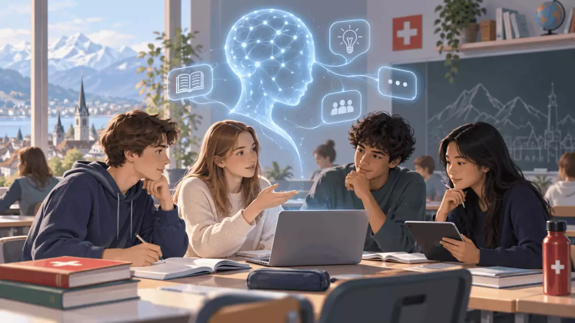 Illustration d’élèves utilisant l’intelligence artificielle dans un contexte scolaire en Suisse