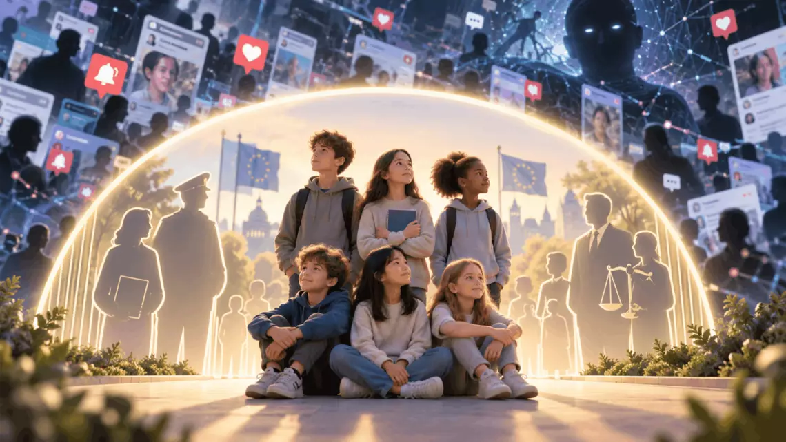 6 enfants sous une bulle de protection avec au-dessus plein de contenus faisant référence aux réseaux sociaux afin d'imager la protection de la jeunesse face aux réseaux sociaux