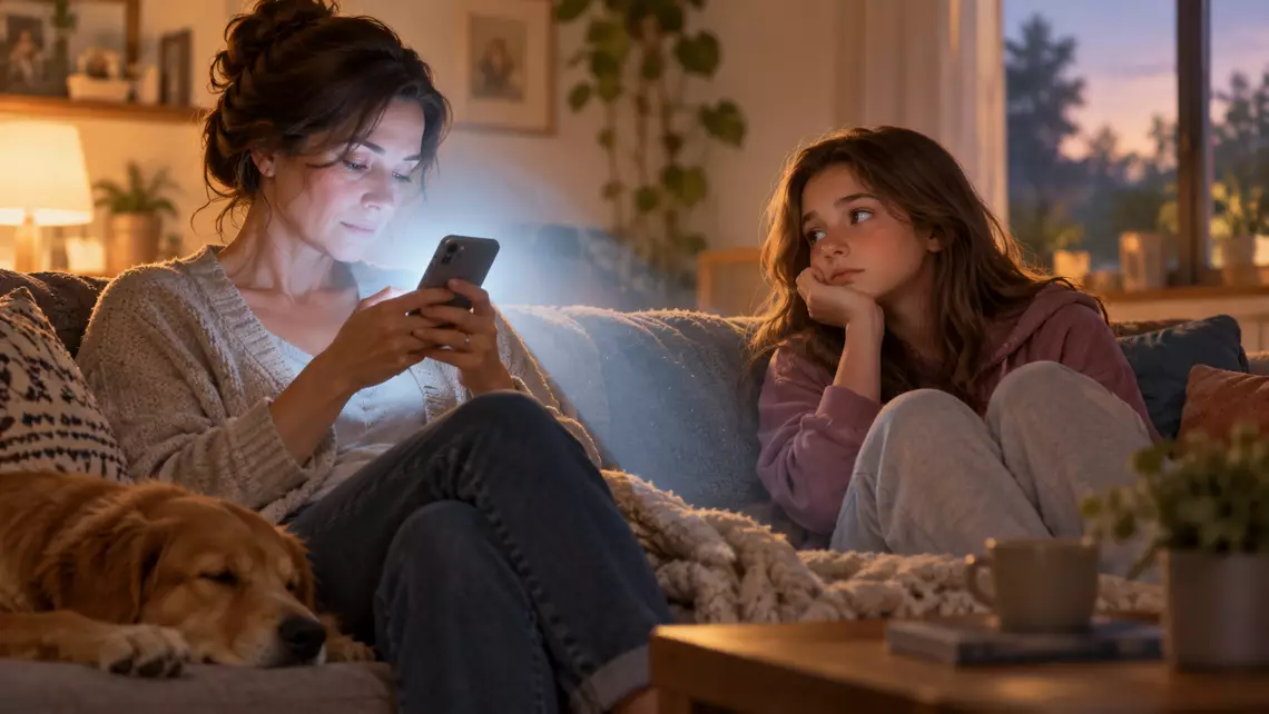 Une maman qui consulte son smartphone à côté de sa fille qui la regarde d'un air las