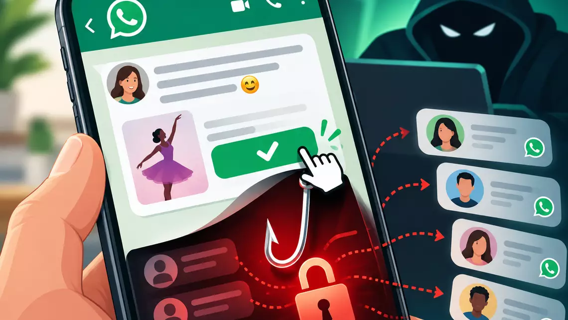 Illustration d’une arnaque WhatsApp utilisant un faux concours de danse pour piéger l’utilisateur et accéder à son compte.