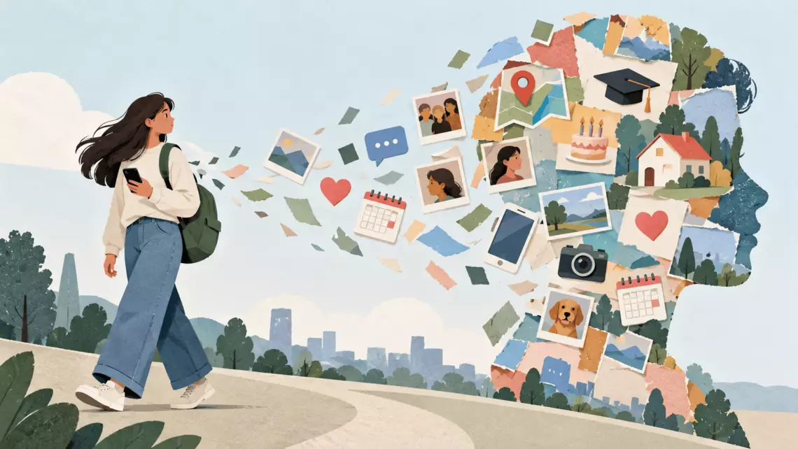 Illustration symbolique d’une jeune personne dont le profil numérique se construit à partir de photos, messages, localisation et informations personnelles partagées en ligne.