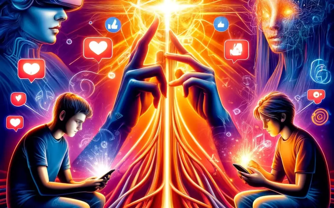 Deux jeunes sur leur smartphone et deux personnes en arrière plan, dont une avec un casque de réalité virtuel, touchant une lumière (divine) avec leur index