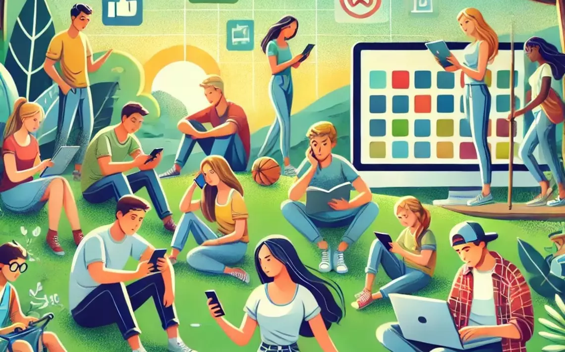des jeunes utilisant divers types d'écrans dans un paysage de nature