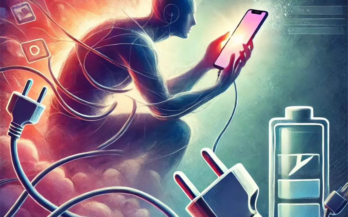 Un humanoïde rivé sur un smartphone avec des prises et une batterie à moitié vide en premier plan