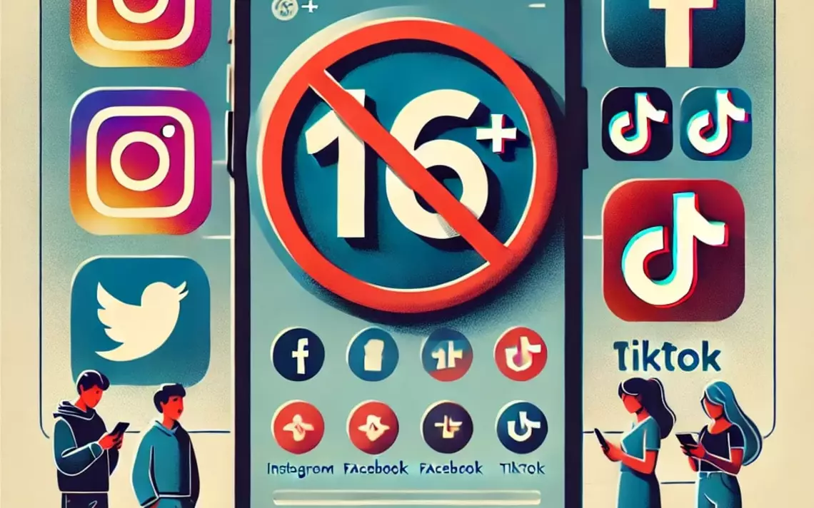 Un smartphone avec les logos des principaux réseaux sociaux sur l'écrans ainsi qu'un 16+ avec le panneau interdiction dessus