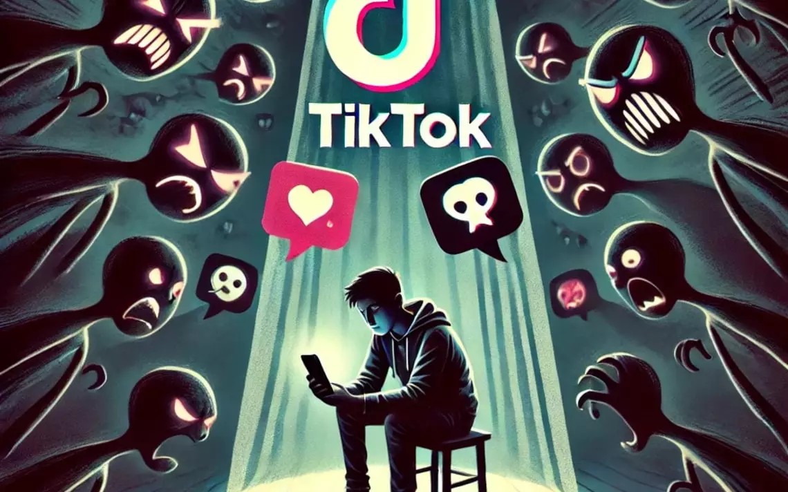 Un jeune sur son smartphone avec le logo de tiktok au dessus delui et tout autour des créatures haineuses et menaçantes
