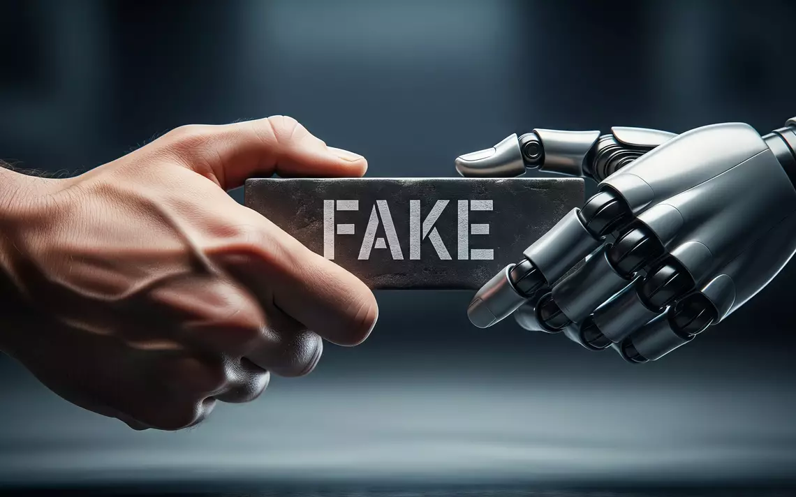 Une main humaine et une main de robot tenant un plot en bois avec marqué "fake" dessus