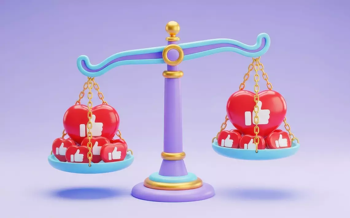 Balance symbolisant la justice avec des Likes symbolisant les réseaux sociaux dans chaque plateau