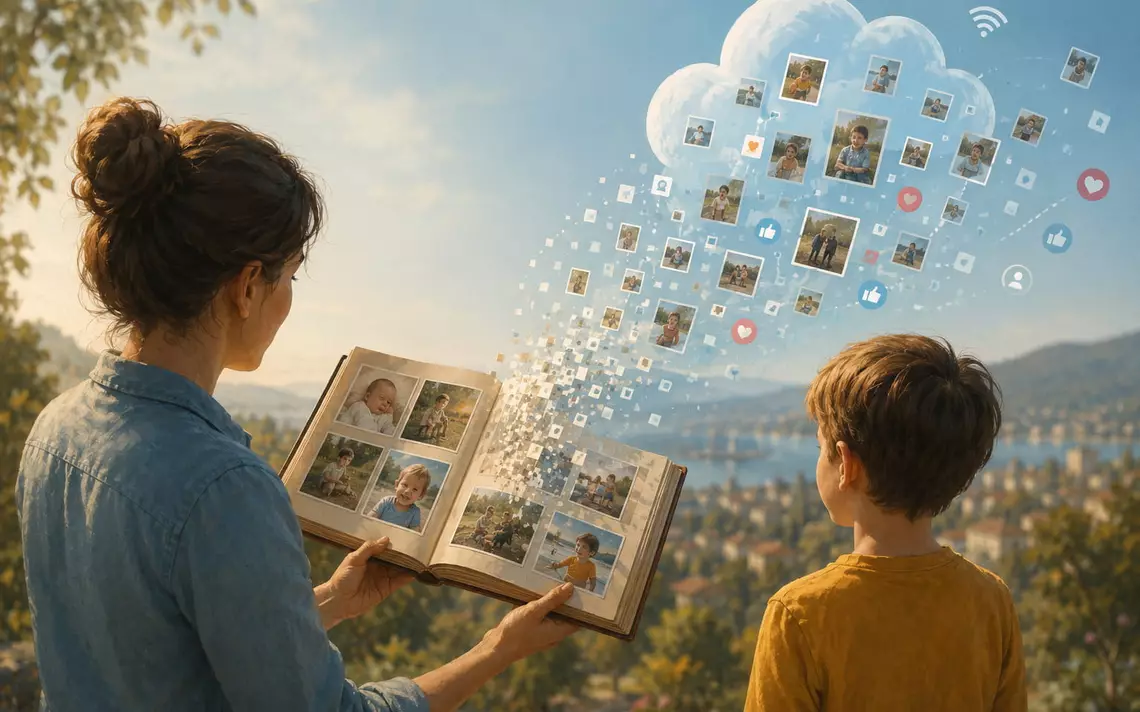 Une maman à côté de son enfant regardant un livre de photo dont une partie s'envole dans une sorte de nuage numérique