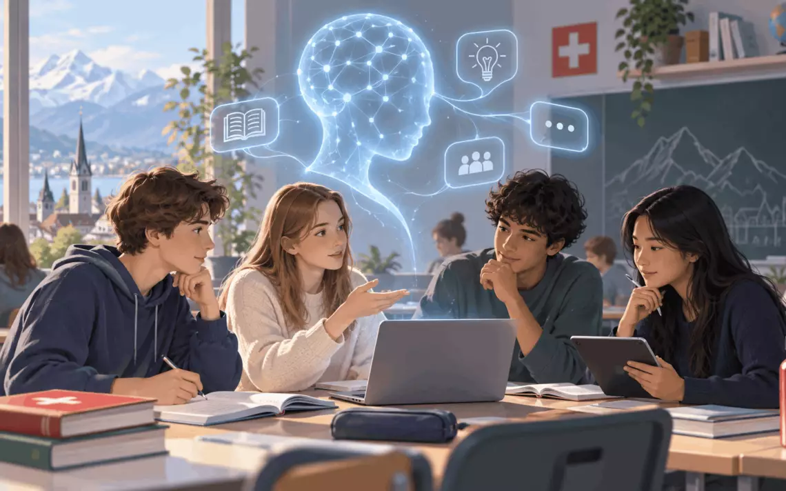 Illustration d’élèves utilisant l’intelligence artificielle dans un contexte scolaire en Suisse
