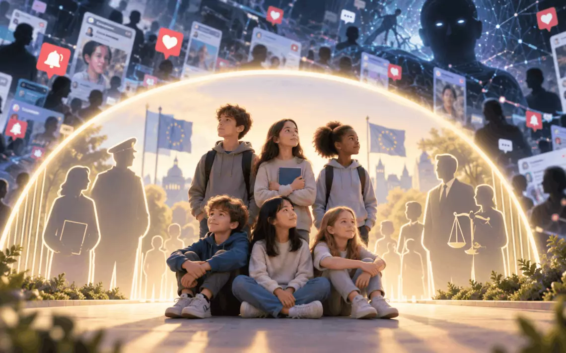 6 enfants sous une bulle de protection avec au-dessus plein de contenus faisant référence aux réseaux sociaux afin d'imager la protection de la jeunesse face aux réseaux sociaux